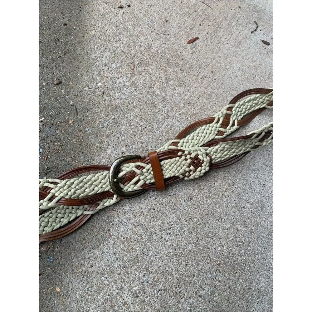 Vintage Braided Boho Tan and Cream Leather Trim Belt